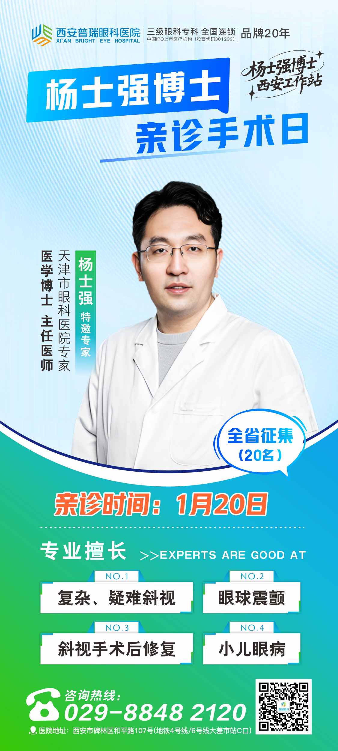 1月20日,天津眼科医院杨士强博士来西安普瑞眼科会诊手术